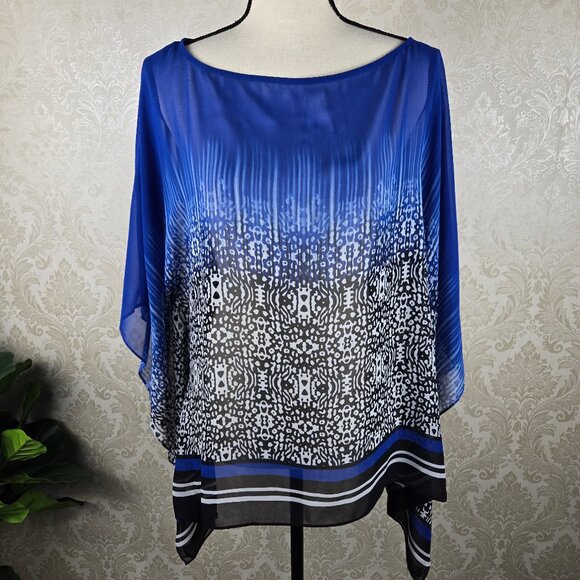 Chaus Size Medium Blue Black White Flowy Blouse Sheer Lightewight Stripes - Picture 1 of 9